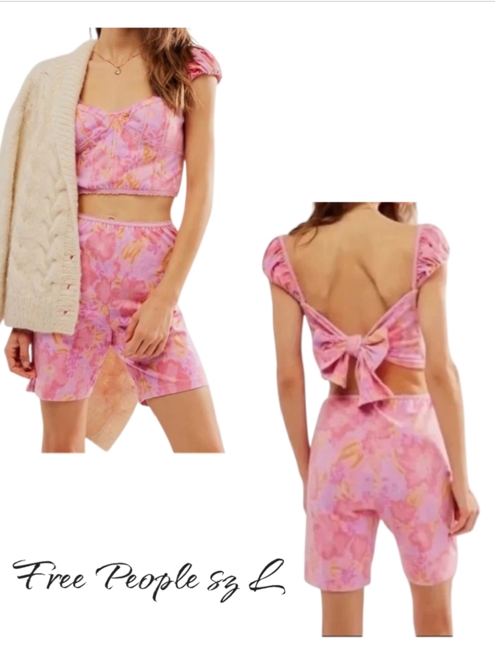 NWT Free People Get Physical Pink Floral Crop Top & Short Set Large